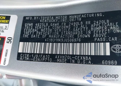 2018 Toyota Camry Le из США, поврежденный, VIN 4T1B31HK9JU506976